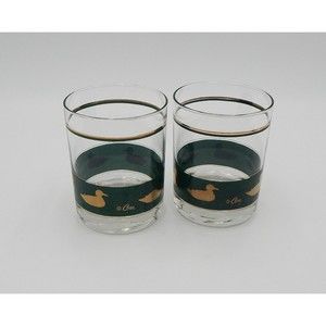 Cera Mallard Duck Barware 4" Whiskey Glasses Green And Gold Set Of 2